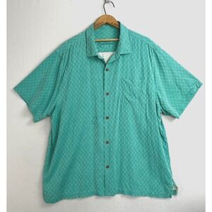 TOMMY BAHAMA Mens Silk Shirt‎ Size XXL Green Geometric Print Short Sleeve Button